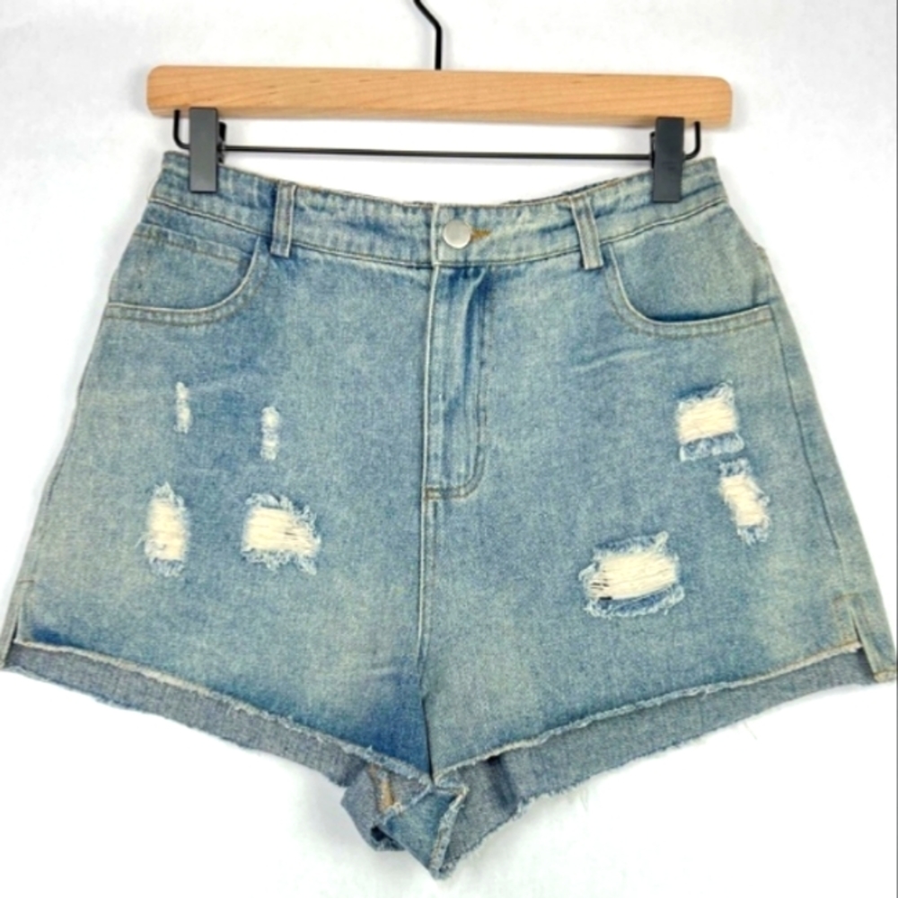 LE LIS DISTRESSED ELASTIC WAISTBAND DENIM SHORTS SIZE MEDIUM NWT